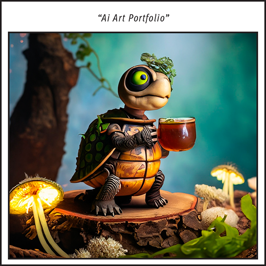 Ai Concept Art of a Turtle with Green Leaf's on its head standing on a tree stump holding a cup of coffee.