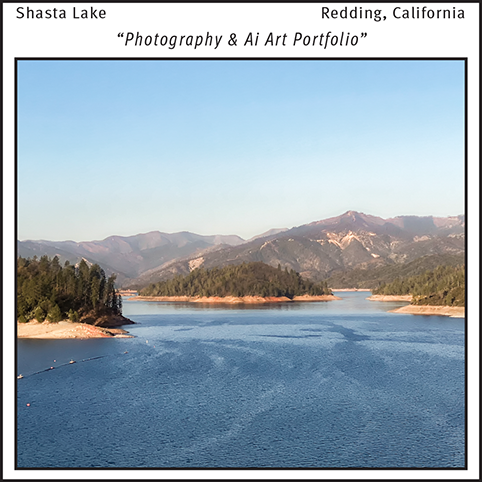 A photograph taken in Redding, California at Shasta Lake with the lake in the foreground and mountains in the background.